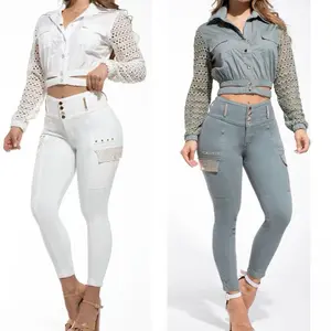 Colombian Lady's 2-Piece Cargo Clothes Set - Ivory, Green, Brown Colors, Long Sleeve White Top with Lace Pants