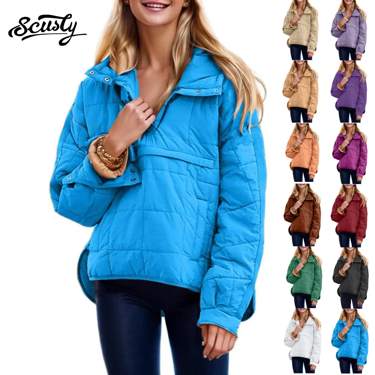 SCUSTY Women's Oversized Puffer Jacket TikTokShopBlackFriday Quilted Light Weight Pullover Hooded Padded Hoodies Winter Warm Long Sleeve Coat