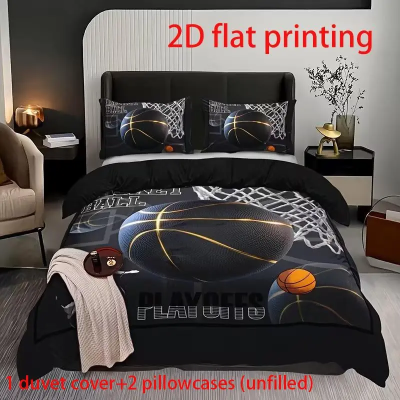 3-piece Basketball Print Bedding Set, Bedding Ensemble, Bedroom Bedding Set, Includes 1 Duvet Cover + 2 Pillowcases (No Fill) - Soft, Comfortable, and Breathable Home Dorm Friendly Bedding, Printed Bedding Set