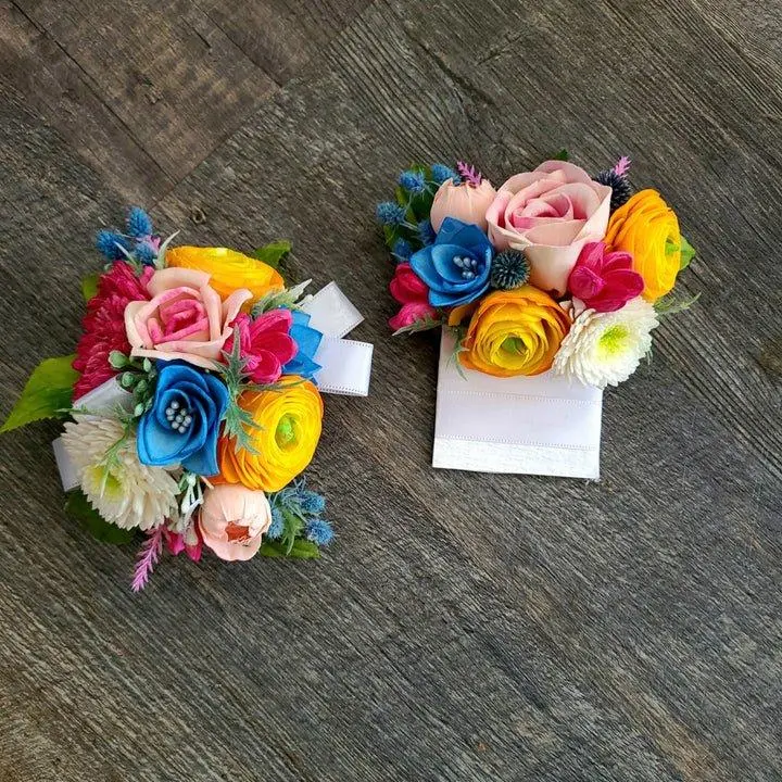 Deluxe Bright Pink Wrist Corsage and Boutonniere Set - Satin Tangerine Realistic Flower Combo with Ribbon, Tie-On Ribbon, Tiny Bouquet, Colorful Mix, Formal Wedding Fashion Accessory, Includes Tiny Bouquet, White Satin Ribbon