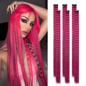 6 Pcs Scene Hair Extensions Clip in Pink Striped Hairpiece 20 inch Synthetic Feather Hair Extensions Long Straight Colorful Striped Hairpieces for Girl Women Cosplay Christmas Party Halloween Use
