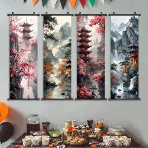 Temple Landscape Pattern Wall Art, 4 Counts/set Canvas Hanging Painting, Wall Hanging Banner for Home Living Room Bedroom