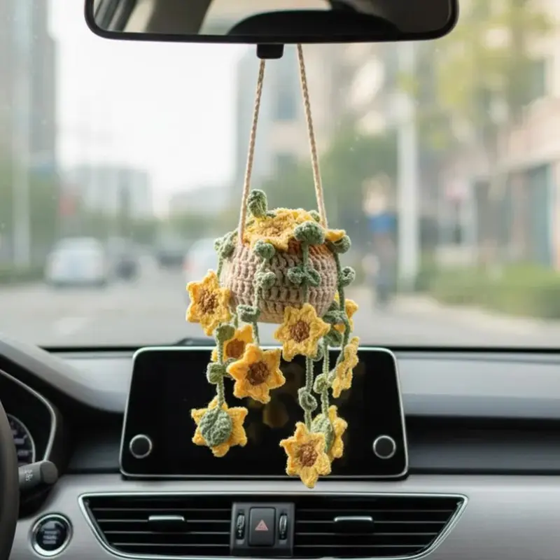 Cute Sunflower Crochet Rearview Mirror Charm, Handmade Car Mirror Hanging Decoration, Women's Car Ornament, Plant Lover Gift, Car Accessory, Car Trinkets, Automotive Decoration, Automotive Decorative Accessories, Car Decorations