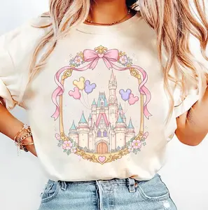 Retro WDW Castle Bow Shirt Cute Coquette Mickey Balloon Tee, Pastel Magic Kingdom Shirt, WDW Trip Tee, DisneyWorld Family Vacation Trip Tee