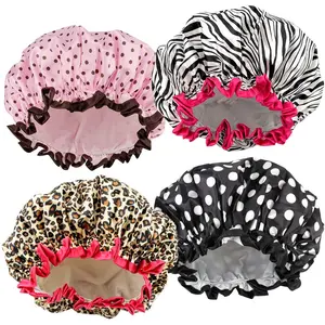4 Pieces Reusable Shower Caps for Women Double Layer Waterproof Elastic Eco-Friendly Bath Hats Assorted Patterns