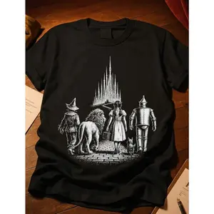 Oz Characters ShirtCute Halloween Tee Wonderful Wizard Of Oz Bookish Shirt Doroty Gale Wicked Witch Lion Scarecrow Tinman,Breathable Loose Fit Crew Neck Short Sleeve T-Shirt, Women's Oversized Graphic Print Top, Moisture-Wicking Soft Cotton Material, Cool