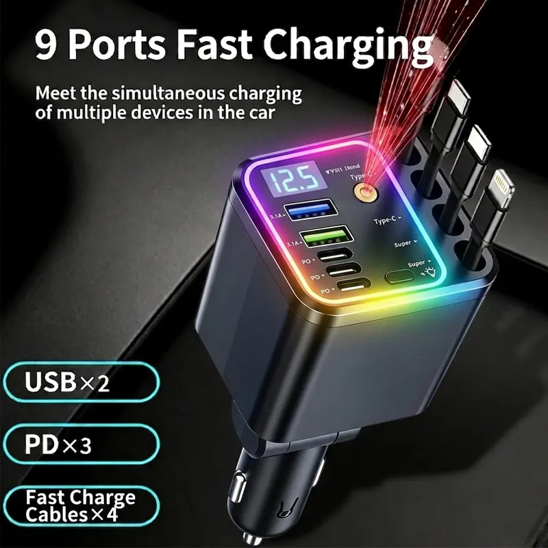9 in 1 Super Fast Charger,120W Mac Charge,Car Accessories, With Star Pojector,Atmosphere Lamp,4 Retractable Cable, 180° Adjustable Head, PD 30W & QC3.0, Road Trip Essentials Universal Fit for iPhone, Android, Tablets,Applicable to cars, large trucks