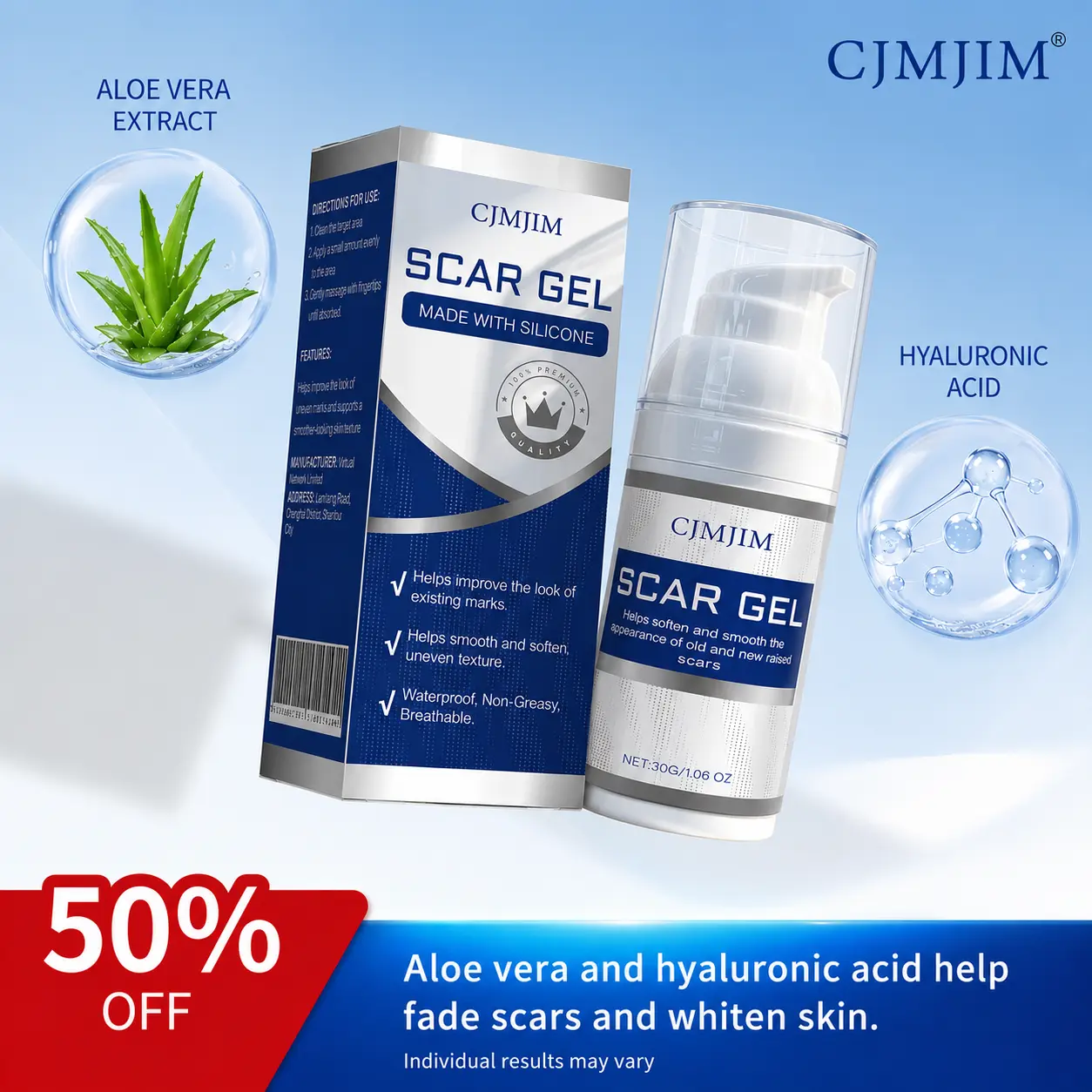 CJMJIM Advanced Silicone Scar Gel 30g, Fast-Absorbing, Lightweight, Alcohol-Free Scar Removal Formula for Surgical & C-Section Scars, Helps Fade, Flatten & Smooth Skin, Skin Repair for Beauty & Personal Care Bath & Body Care, 36-Month Shelf Life
