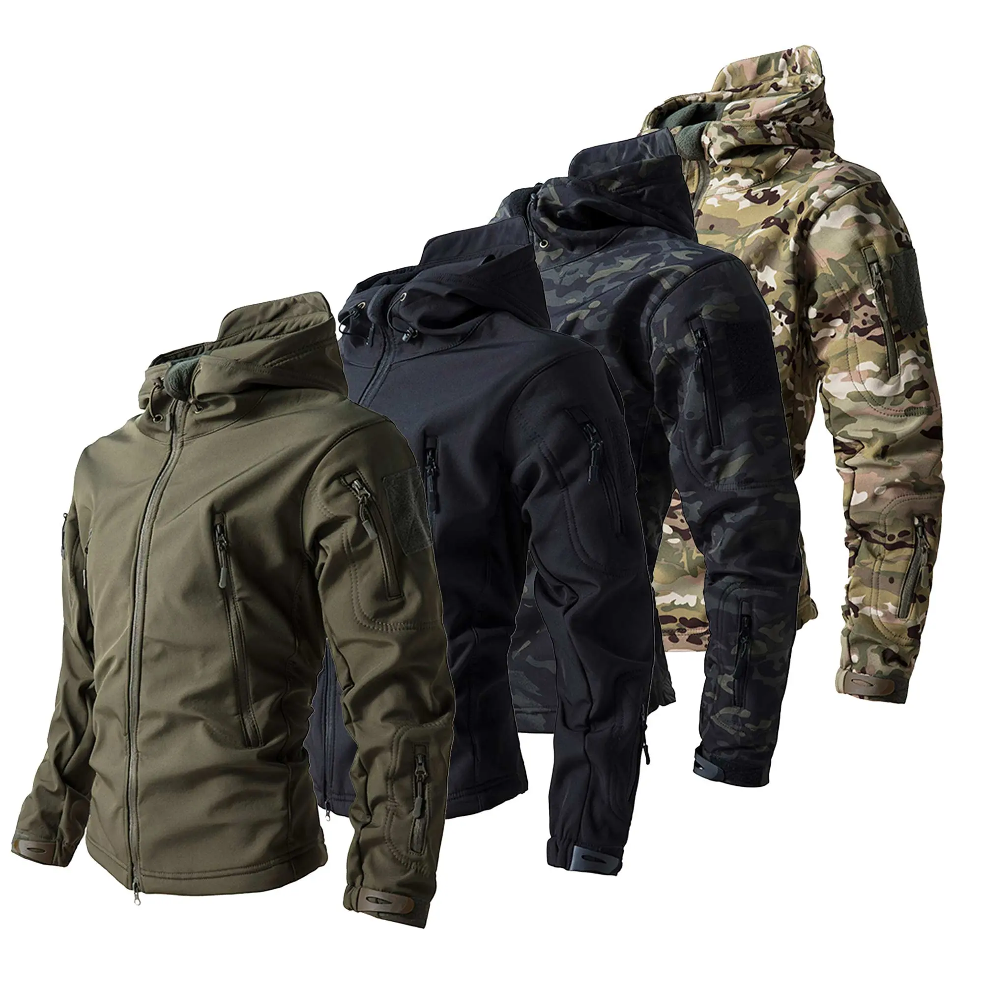 Men's Tactical Softshell Hooded Jacket - Fleece-Lined Windproof Polyester Casual Plain Clothes, Zipper Pockets, Adjustable Cuffs, Camo/Black/Grey, No-Logo, S-3XL, Fast US Shipping #TacticalJacket #OutdoorGear #TikTokMadeMeBuyIt