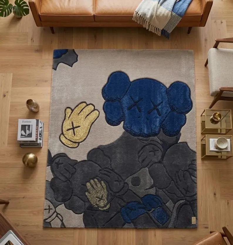 KAWS Inspired Hand Rug, Abstract Grey Black Area Rug, Luxury Hypebeast Decor