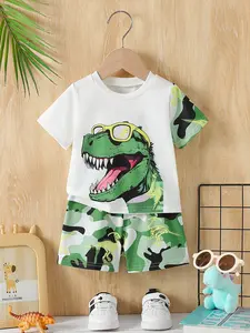 Baby boy clothes, baby boy summer set, trendy dinosaur camouflage style, baby boy sunglasses dinosaur print short sleeved+camouflage dinosaur shorts set, trendy and cool sunglasses dinosaur print+camouflage dinosaur element decoration,