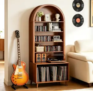 Record Player Stand with Vinyl Storage,6-Tier Arched Record Player Table Holds Up 350+ Albums, Turntable Stand with CD/DVD Rack,Vinyl Record Storage for Living Room