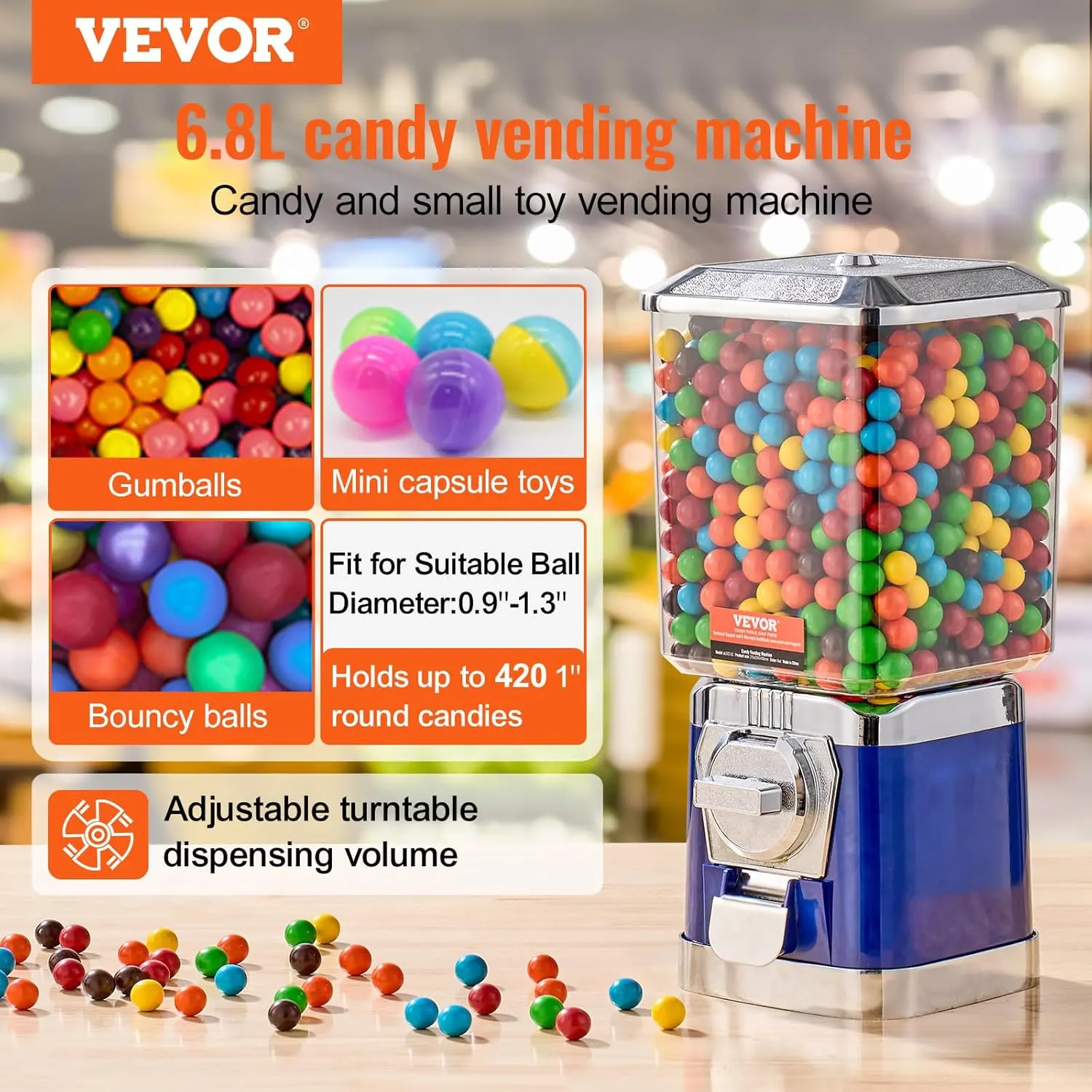 VEVOR Gumball Machine, 17"H Home Candy Vending Machine, PC Gumball Dispenser, Bubble Gum Machine for Game Stores, Coin Operated Gumball Bank for Capsules Bouncy Balls Candy, Blue