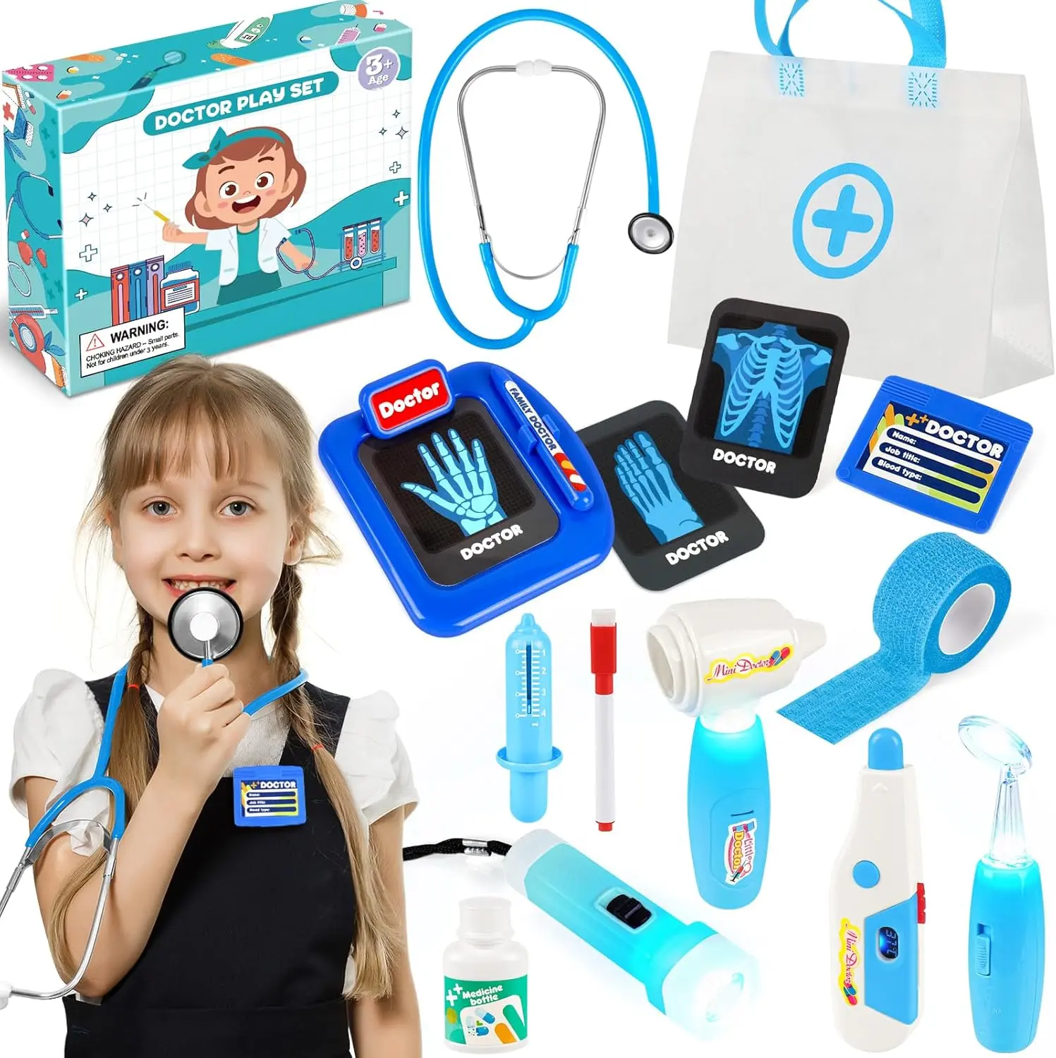 15 Pcs Kids Doctors Play Set,Doctor Kit for Toddlers 3-5, Doctor Set with Real Stethoscope, Pretend Play Toys for Kids Boys and Girls, Halloween Christmas Birthday Gifts
