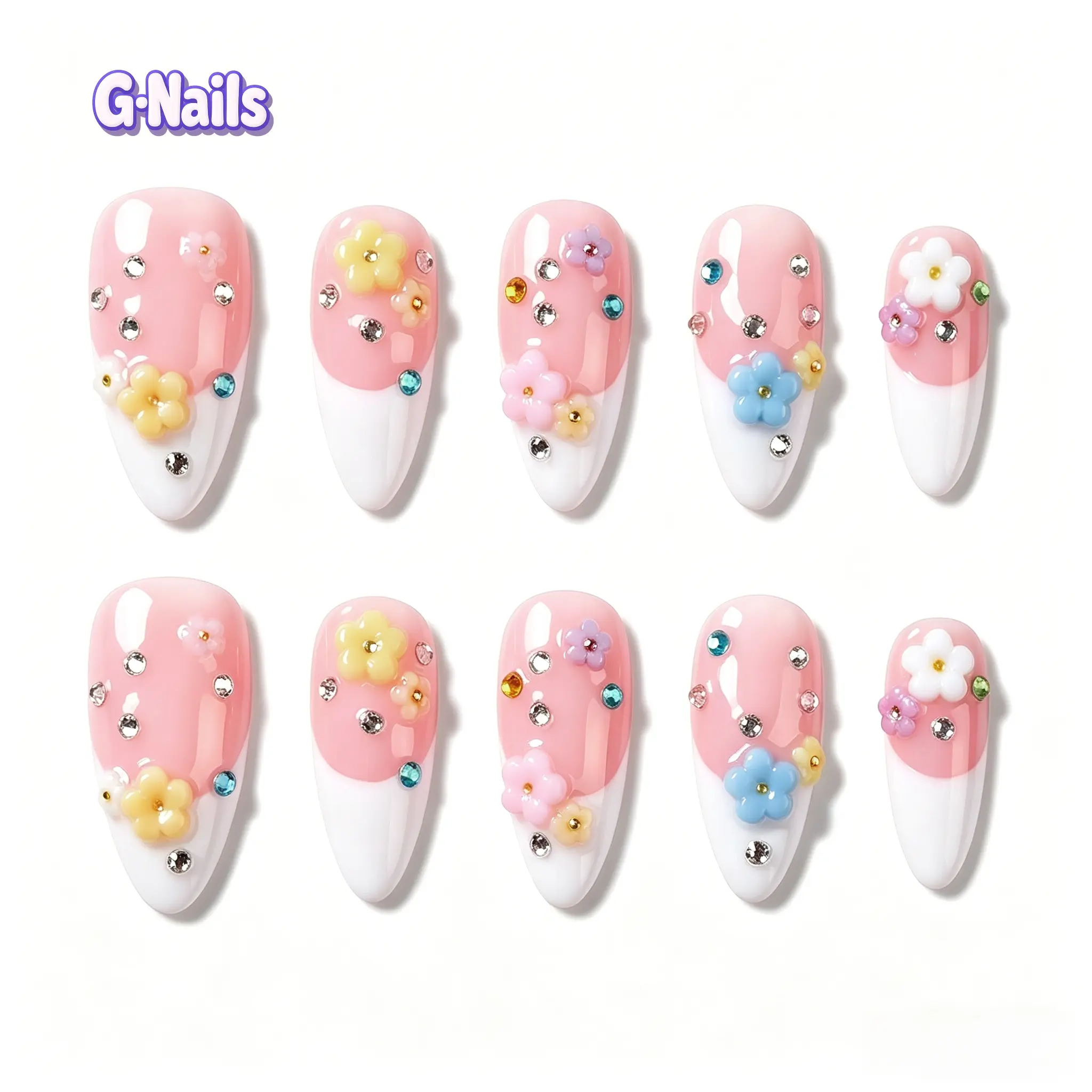 G Nails B05 Sprinkle Flowers Pink 3D Floral 10pcs Handmade Press On Nails with Glue & Tool Kit for Everyday Spring Manicure Women Pinknails Almondnails Reusablenails Springnails