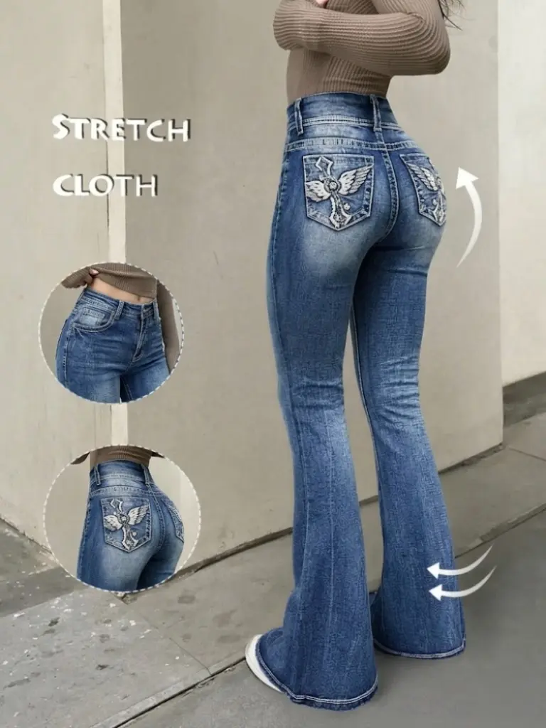 Women's Mid-Waist Stretchy Flare Denim Bottoms - Tummy Control, Casual, Comfortable, Versatile Curvy Bootcut Jeans