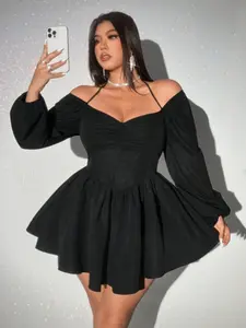 Plus Size Women Sexy Open Shoulder Long Sleeve Dress Figure Flattering Fall Fashion