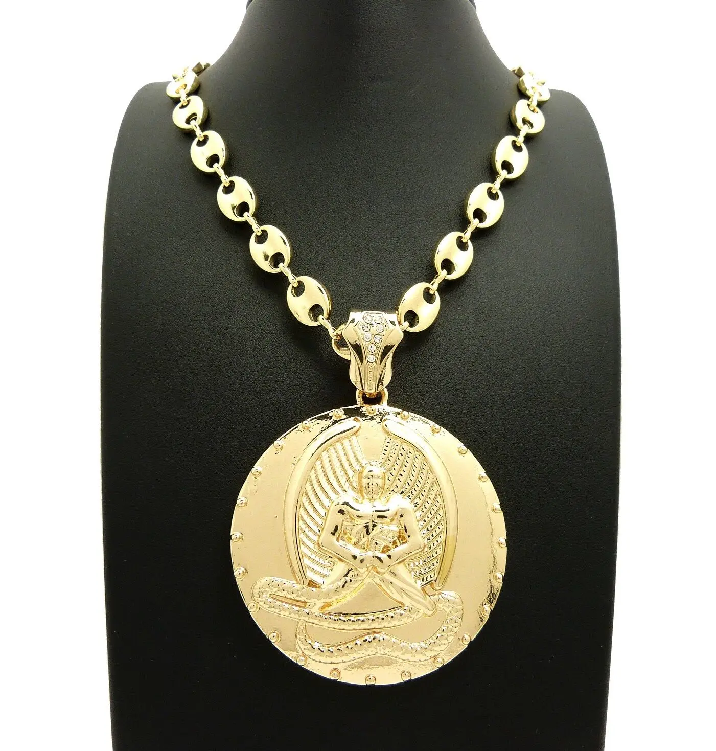 MaxBling81 Gold-Plated Oversized Medal Pendant Necklace for Men - 7mm Mariner Link Chain (20in,24in,30in Lengths) - Gold Statement, Link Chain Necklaces, Gold Statement Necklace