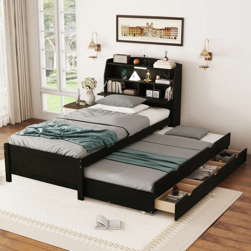 Twin Size Bed Frame with Trundle and LED Storage Headboard, Wooden Twin Platform Bed with USB Outlets and 3 Drawers, Twin Captain Bed, Twin Storage Bed for Bedroom, No Box Spring Needed, Espresso