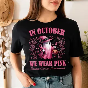 [100% Cotton] In October We Wear Pink Ghost Shirt, Halloween in October We Wear Pink, Breast Cancer Awareness Shirt, Pink Ribbon Shirt  Golf Gift T-Shirt For Men and Women