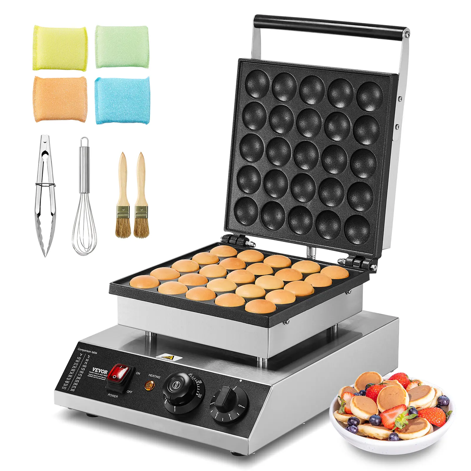 【Summerfinds】VEVOR Miniature Dutch Pancake Maker - 25PCS 43mm Non-Stick Stainless Steel Dorayaki Baker, 1700W Power Kitchen Supplies Poffertjes Grill with Temp & Time Control, Auto Alert for Crispy+Fluffy Results (Home Use)