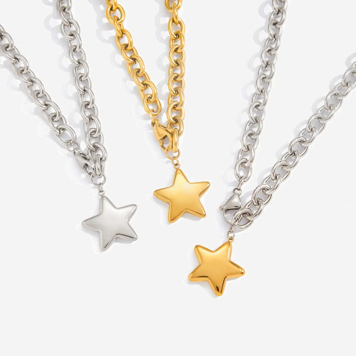 Titanium steel niche design necklace with stainless steel polished surface pentagram pendant and collar chain for the neck.