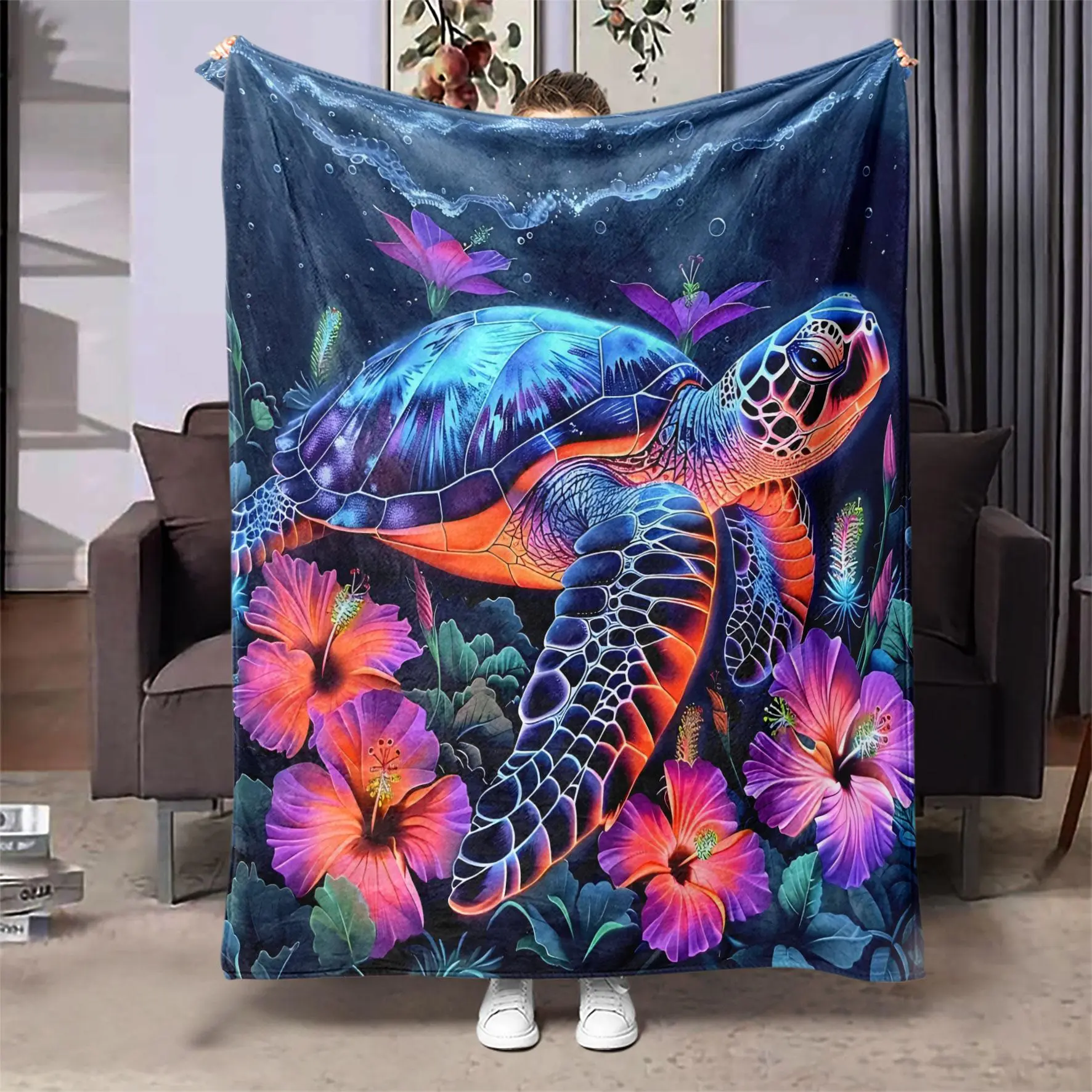 Turtle & Floral Pattern Blanket, Soft Throw Blanket, Air-Conditioned Room Blanket, Warm Nap Blanket For Home Office Travel Camping