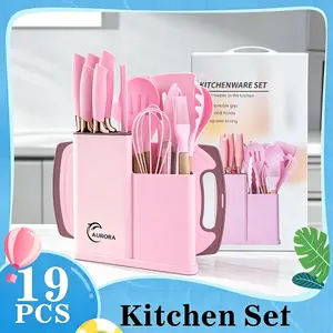 Kitchenware Set - 19 Piece Set with11 Spatulas, 6 Sharp Knives, siliconekitchen tools, and a cutting