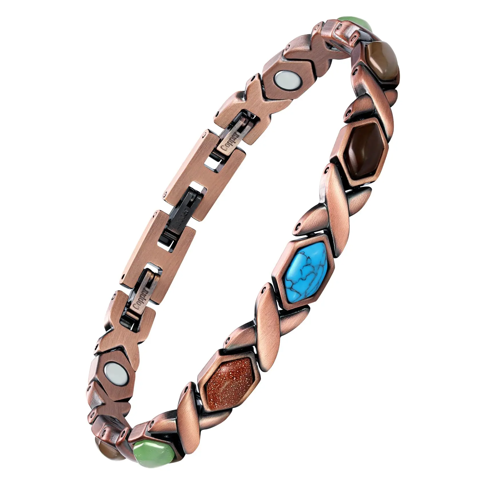 Women's Copper Magnetic Bracelet with Colorful Gemstone Design, Vintage Adjustable Bangle Jewelry, Pure Copper Link Bracelet for Daily Wear