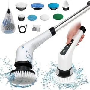 Electric Spin Scrubber, Cordless Bath Tub Power Scrubber with 9 Replaceable Drill Brush Heads, Shower Cleaning Brush with Adjustable Handle for Bathroom, Tile Floor & Car, White, (ANS-8050)