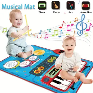 2-in-1 Musical Mat Toys for 1 2 3 4 5 Year Old, Piano Keyboard & Drum Set with 2 Drum Sticks, Early Educational Musical Learning Toys Birthday for 1 2 3 4 5 Year Old Boys & Girls, Blue