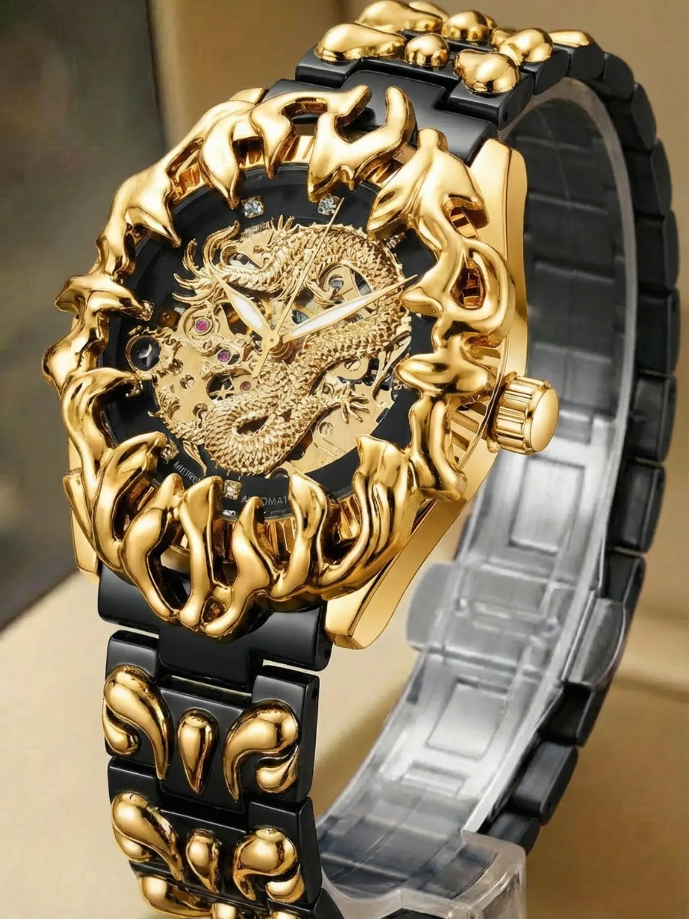 A new men's black gold patterned steel strip flame case design with unique golden dragon relief pink diamond gear hollow out high-end fashion luxury modern style Stylish Watch fully automatic mechanical watch Fashionable Stylish Watch