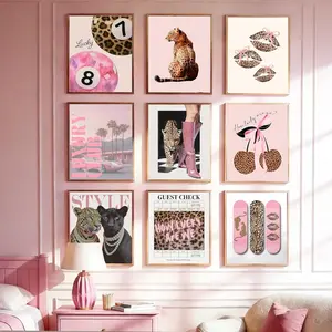 9pcs/set Pink Leopard Cheetah Animal Canvas Painting Wall Art Leopard Print Design Lucky 8 Ball Print Poster Modern Living Room Bedroom Decor, No Frame, Commercial Value