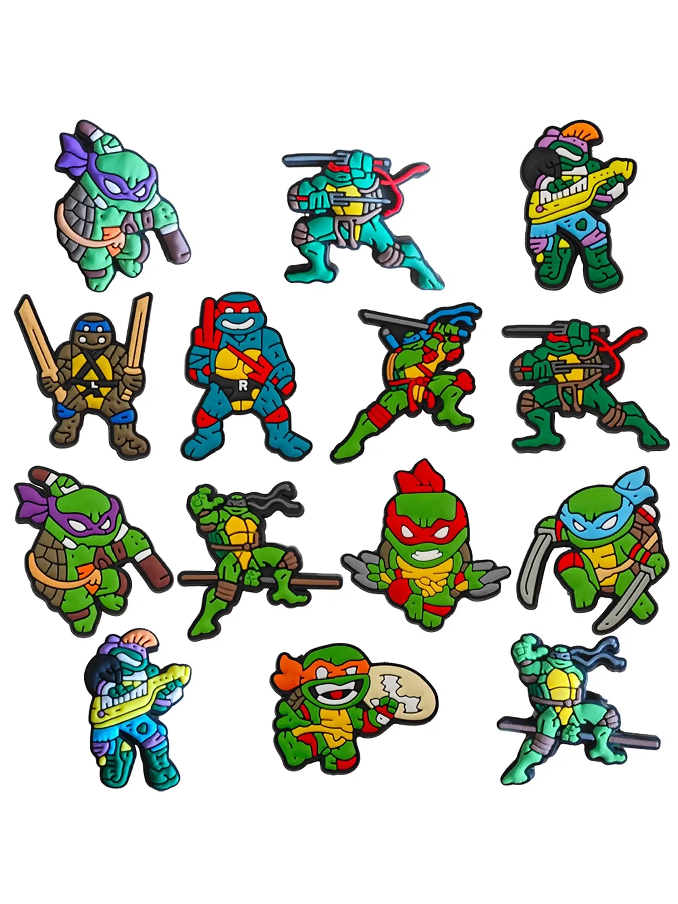 14/35pcs Classic Cartoon Kung Fu Green Armored Turtle PVC Shoe Accessories, Shoe Decoration, Shoe Charm Set, DIY Waterproof Detachable Sandals Strap Buckle, Kids Christmas Gift，Containing Ninja Turtle party gifts suitable for anime fans, Shoe Charms Set