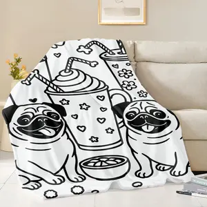 Cute Black and White Pug Flannel Blanket Single-sided Printing 4 Sizes Sofa Cover Blanket Warm Winter Blankets Blanket Soft