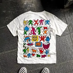 Keith Haring All Over Dancing Figures Art 2 Side T-Shirt, Iconic Pop Art Cartoon Graphics Inspired By Keith Haring Street Art, Funny Colorful Meme Style Shirt For Art Lovers, Unisex Cotton Crewneck T-Shirt Menswear Womenswear Streetwear Top
