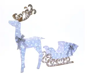 LuxenHome Lighted White Reindeer and Sleigh Holiday Decoration