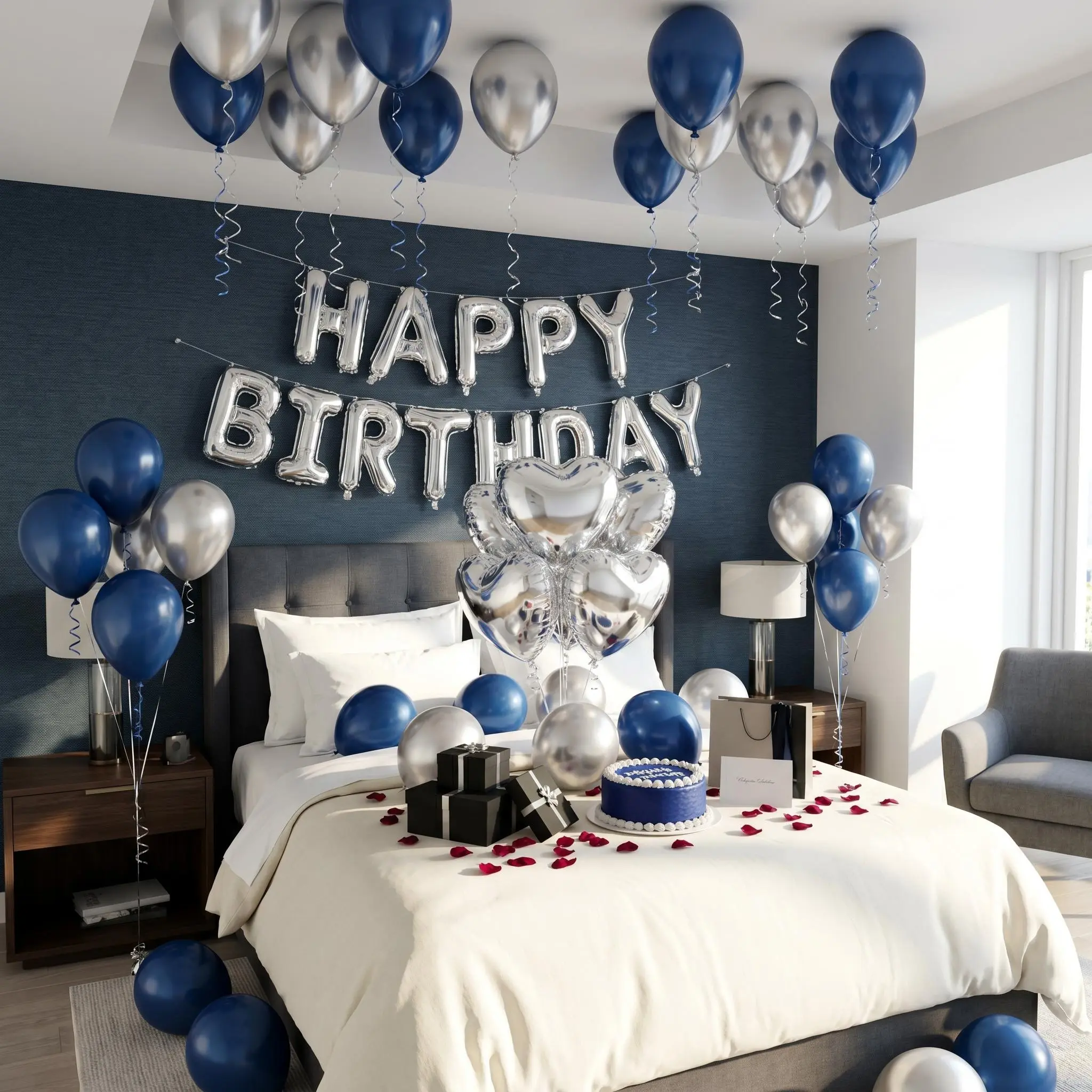 604pcs Shiny Aluminum Foil Balloon Garland & Backdrop Banner Set - Round/Irreg., Alphabet, Heart Shapes, "Happy Birthday" Banner, Whipped Cream Details, Mock Red Petals for Birthday, Anniversary Decor, Room Decor