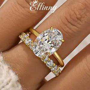 Effinny Jewelry 4.5ct Solitaire Oval Cut 2PC Golden Wedding Ring Set, 925 Sterling Silver Promise Ring, 5A Cubic Zirconia Women's Ring for Daily, Women, Wedding