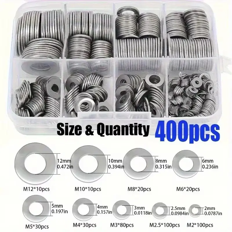 400Pcs Stainless Steel Flat Washers, Multiple Sizes, Versatile, Fasteners Set (M2‑M12), Made of rustproof stainless steel for durability and long service life, this hardware set includes all commonly used sizes, meeting diverse fastening needs, Home Diy
