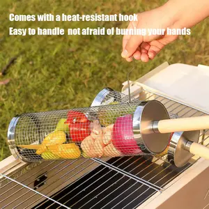 Stainless Steel BBQ Grill Basket with Handle - Heat-Resistant & Portable, Essential Camping & Fire Pit Cooking Tool, Grill Tube Cage Set