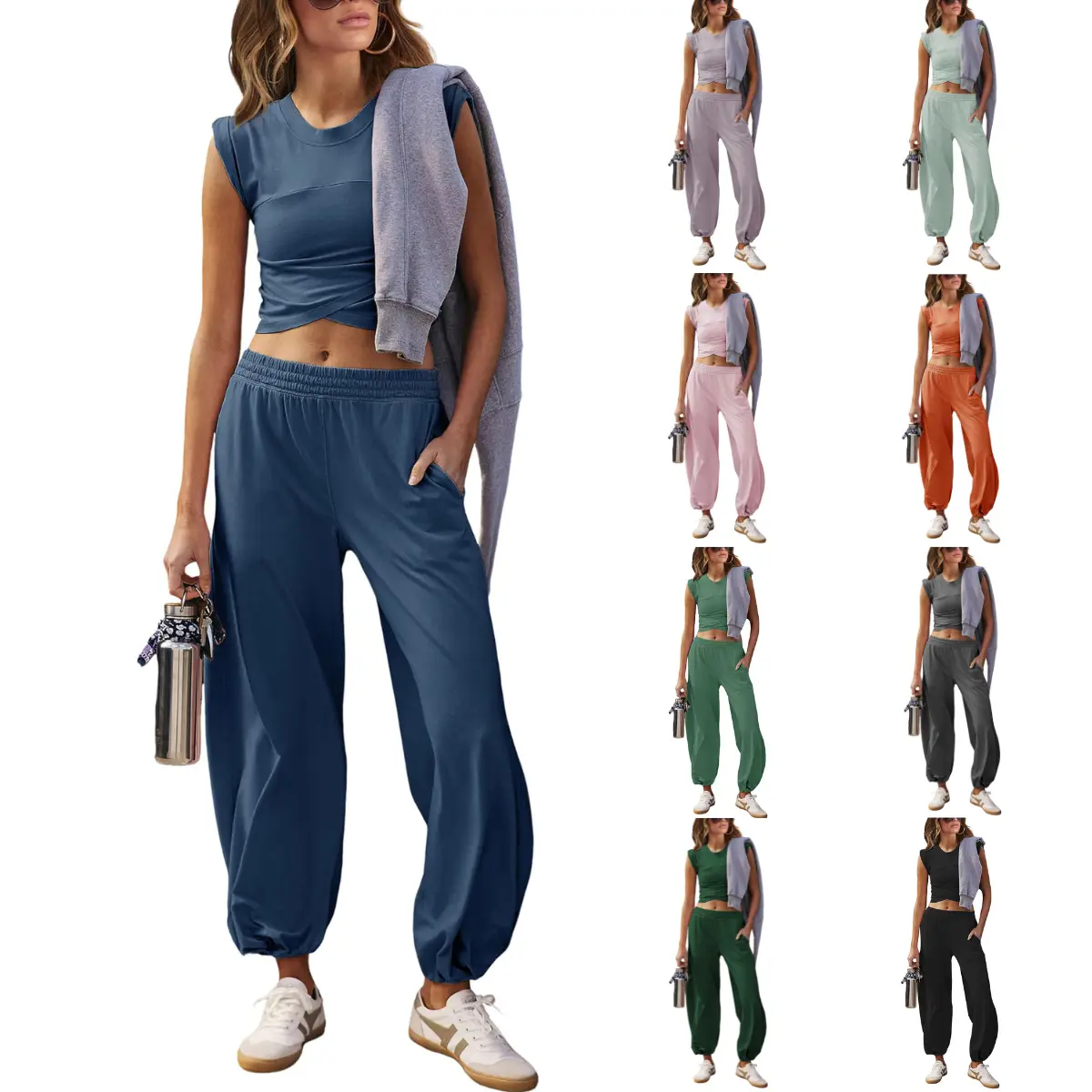 Kingapril Womens Two Pieces Casual Outfits Longue Sets Cropped Tops Sweatpants Tracksuit with Pockets