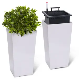 Tall Planters Set of 2, Outdoor＆Indoor Black Planter Pots, High Front Porch Planter Pots with Drainage Holes＆Water Level Monitor＆Inner Bucket, Automatic Watering