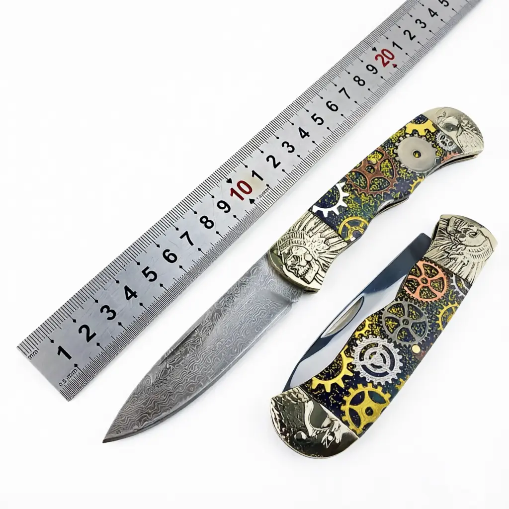 Premium Damascus Steel Pocket Knife, Retro Engraved Gear Handle, 2.56" Folding Blade, Compact EDC Knife for Outdoor, Camping, Hiking & Everyday Carry