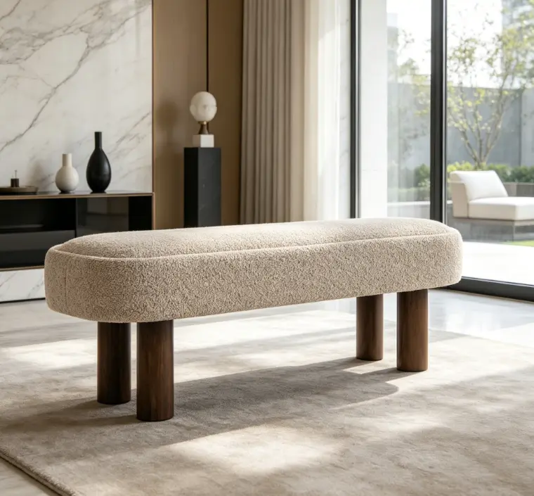Indoor Boucle Upholstered Dining Bench with Walnut-Color Legs, 51.57" L Seating, 250 lb Capacity for Kitchen, Dining Room, Rubber, Meals