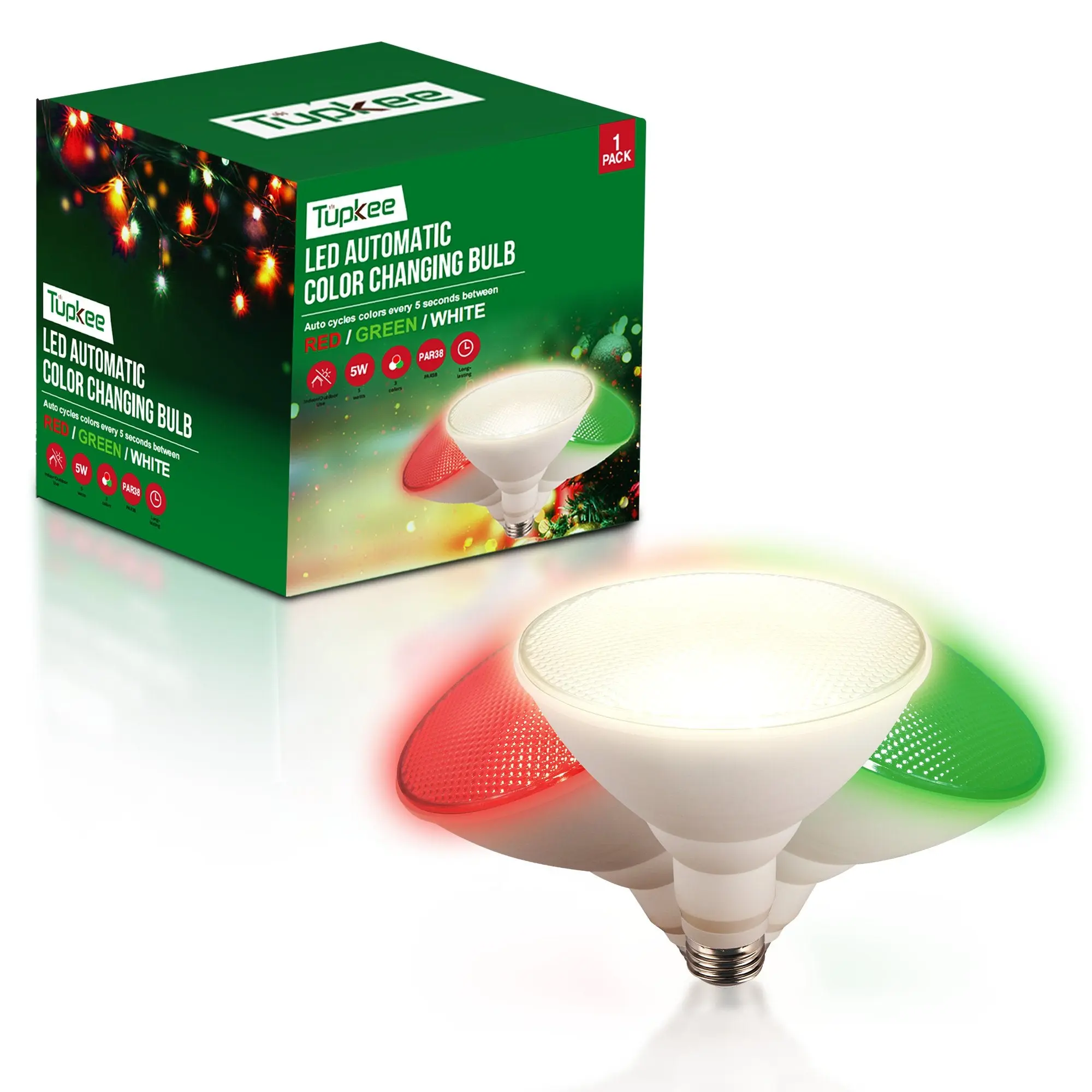 LED Automatic Color Changing Bulb - Automatically Cycles Between Red/Green/White Every 5 Seconds – PAR38, E26, 5W, Christmas Outdoor Porch LED FloodLight Spot Light Bulb Holiday Decoration