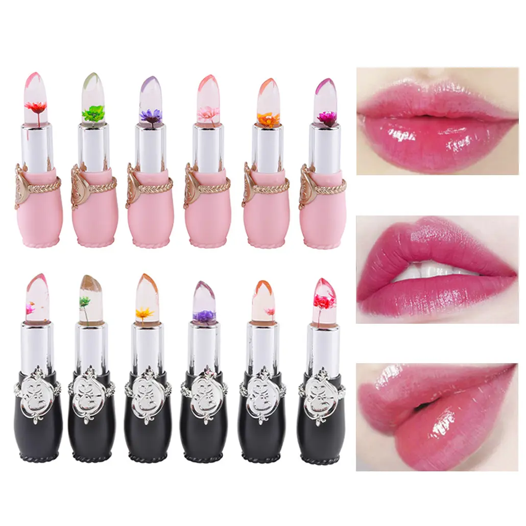 QIUFSSE 6PCS Flower Jelly Lipstick Set,Temperature Changing Lip Balm with Real Flowers, Moisturizing & Color Changing Magic Gloss Long Lasting Shine