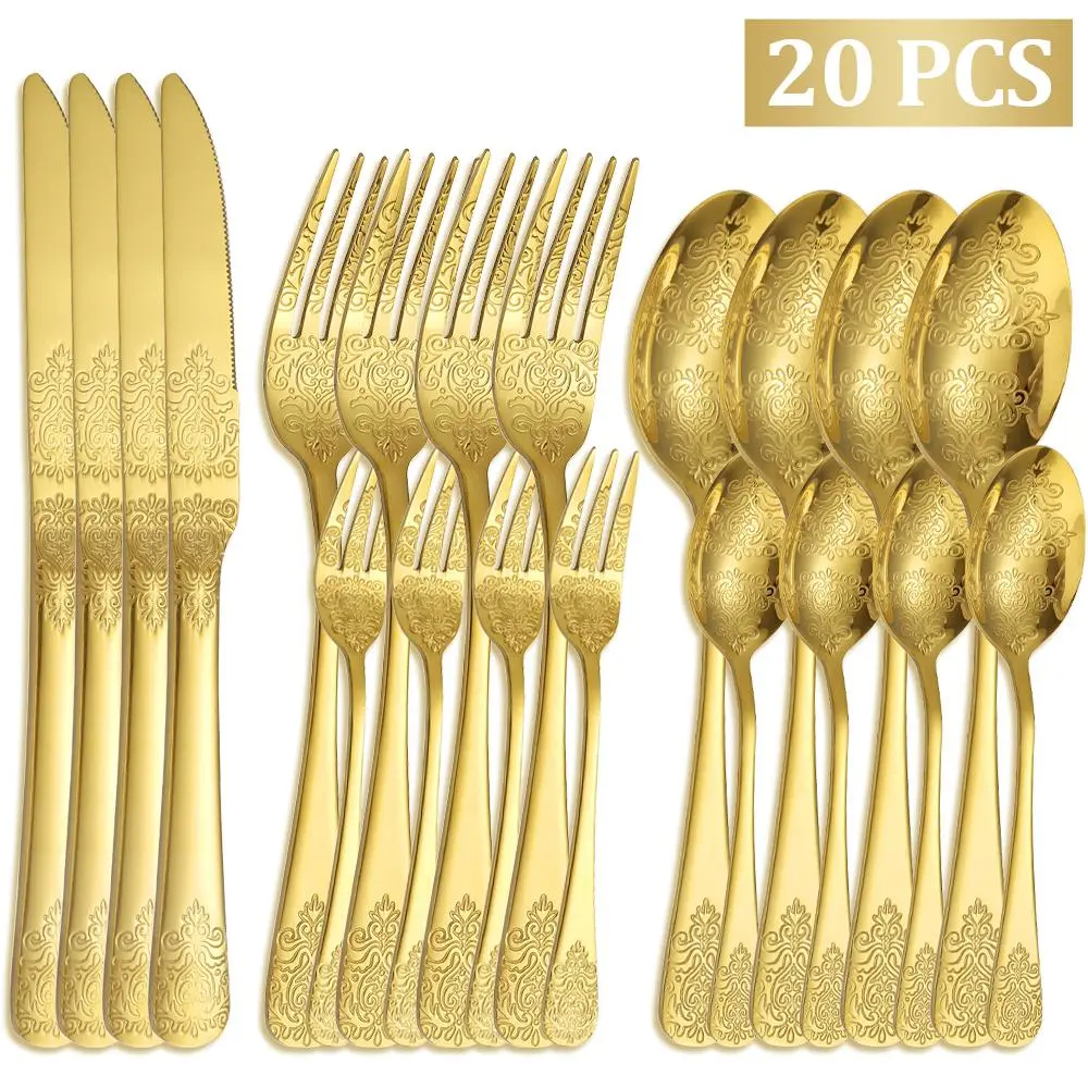 Stainless Steel Cutlery Set (20 Pieces), Cutlery Tableware, Floral Design, Durable & Elegant, Ideal for Home Kitchen, Perfect for Special Occasions, Dishwasher Safe