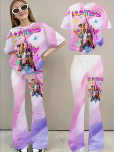3D High-Definition Portrait Set, Women's Gradient Bell Pants, Summer Chic Casual Short Sleeve Two-Piece Set, Clothes, Top