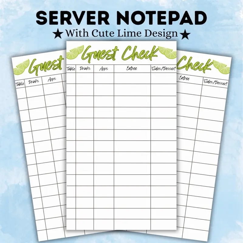Restaurant Server Book Guest Check Notepad Clear Sections for Table Number Drinks Apps Entrée & Sides Dessert Vibrant Lime Theme Fun Festive Touch Super Cute Design